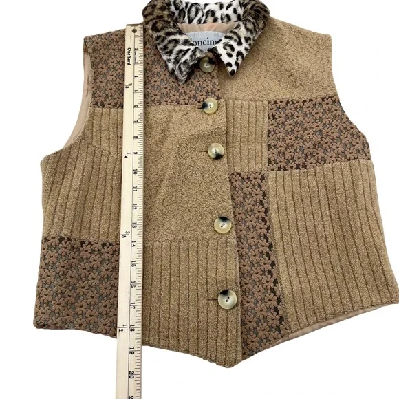CONCINNO Patchwork Vintage Vest Leopard Collar Women's Size M Button Front - Picture 2 of 7